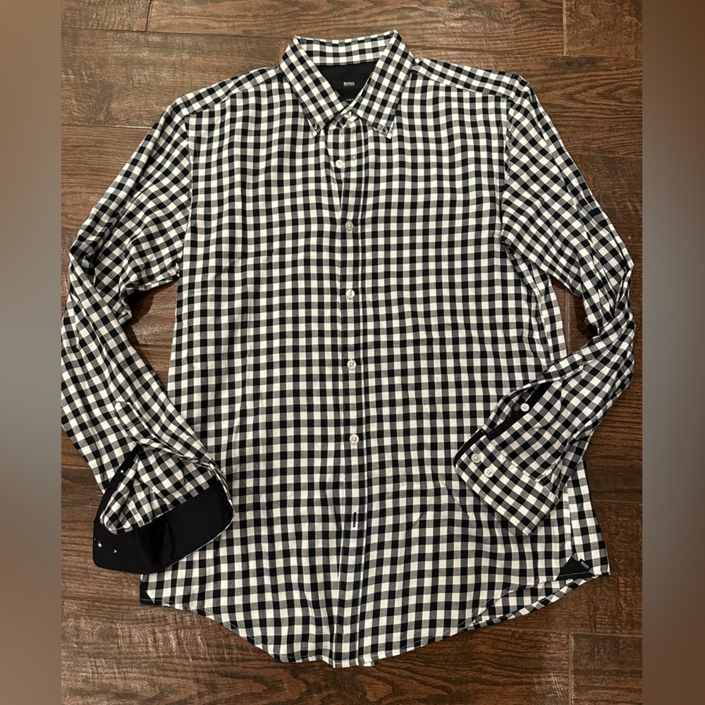 Hugo Boss Mens Long Sleeve Button Up White Black Checkered Large - Picture 1 of 5